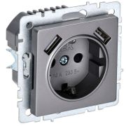 Розетка BRITE РЮш10-1-БрС 16А с USB A+A 2.1А с заземл. защ. шторки механизм сталь IEK BR-R14-16-U21-D21-...